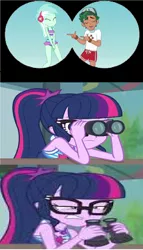 Size: 1256x2200 | Tagged: safe, artist:brandonale, derpibooru import, edit, edited screencap, screencap, lyra heartstrings, sci-twi, timber spruce, twilight sparkle, equestria girls, equestria girls series, turf war, unsolved selfie mysteries, female, male, shipping, side chick, straight, timbertwi, wrong aspect ratio