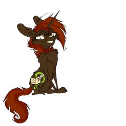 Size: 1000x1000 | Tagged: safe, artist:gwyndor, derpibooru import, oc, unnamed oc, unofficial characters only, pony, unicorn, bowtie, brown fur, description is relevant, essay in description, female, frazzled hair, glasses, horn, mare, messy mane, nerd, nerd pony, self insert, simple background, striped mane, transparent background, unicorn oc, unimpressed