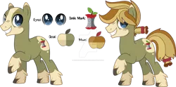 Size: 1280x635 | Tagged: safe, artist:lazuli, artist:xxcrescentquillxx, derpibooru import, oc, oc:iron apple, unofficial characters only, earth pony, pony, base used, cutie mark, male, next generation, offspring, parent:applejack, parent:rockhoof, parents:rockjack, reference sheet, simple background, solo, stallion, transparent background