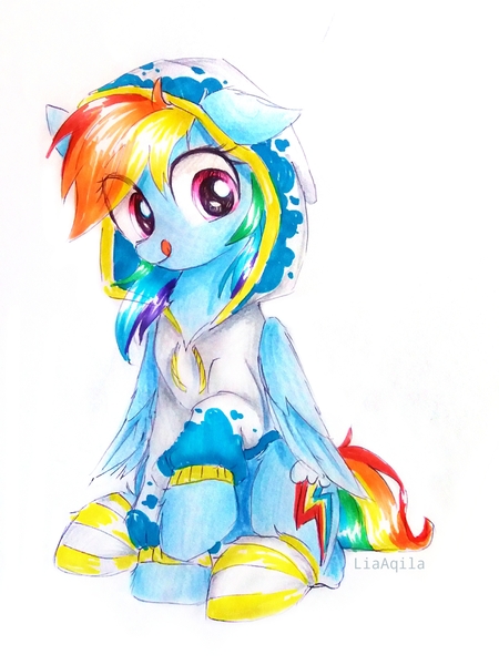 Size: 2322x3096 | Tagged: safe, artist:liaaqila, derpibooru import, rainbow dash, pegasus, pony, :p, clothes, cute, dashabetes, eye clipping through hair, female, hoodie, liaaqila is trying to murder us, mare, raised hoof, simple background, sitting, socks, solo, striped socks, tongue out, traditional art, white background