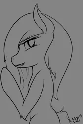 Size: 861x1280 | Tagged: safe, artist:crescentpony, derpibooru import, oc, unofficial characters only, earth pony, pony, earth pony oc, femboy, gray background, lineart, male, monochrome, open mouth, signature, simple background, solo, stallion