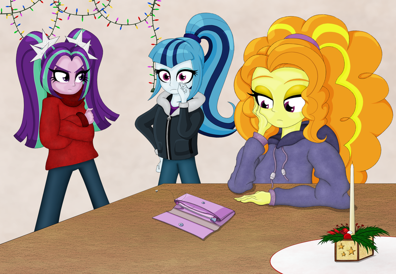 Size: 2600x1800 | Tagged: safe, artist:shinhoffman, derpibooru import, adagio dazzle, aria blaze, sonata dusk, fly, insect, equestria girls, candle, clothes, empty, female, high res, the dazzlings, trio, wallet, winter outfit
