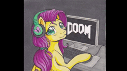 Size: 640x360 | Tagged: safe, artist:nothingspecialx9, derpibooru import, edit, fifteen.ai, fluttershy, pegasus, pony, :3, aivo, animated, avo, colored pupils, computer, cute, doom, doom 2016, gamer, headphones, looking at you, shyabetes, smiling, solo, sound, sound only, text to speech, the slayer's testament, vibrating, webm, zoom