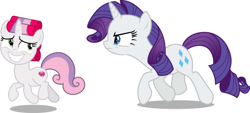 Size: 5144x2331 | Tagged: safe, artist:chrzanek97, artist:claritea, artist:kooner-cz, artist:reginault, derpibooru import, edit, editor:slayerbvc, vector edit, rarity, sweetie belle, pony, unicorn, angry, chase, female, filly, furious, grin, hair curlers, looking back, mare, nervous, nervous grin, rarity is not amused, sheepish grin, siblings, simple background, sisters, smiling, transparent background, unamused, vector