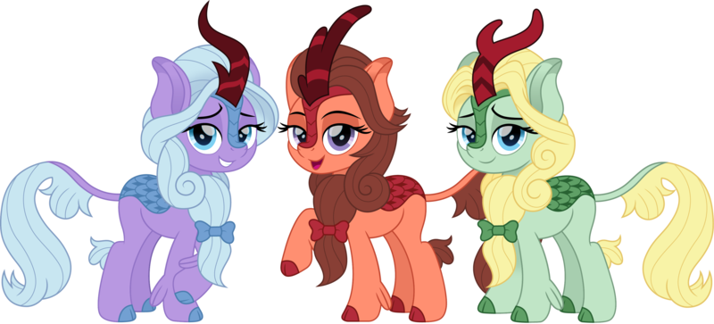 Size: 3307x1500 | Tagged: safe, artist:cloudyglow, derpibooru import, dear darling, fond feather, swoon song, kirin, bimbettes, female, kirinified, lidded eyes, looking at you, raised hoof, simple background, smiling, smiling at you, solo, species swap, transparent background, trio, trio female