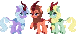 Size: 3307x1500 | Tagged: safe, artist:cloudyglow, derpibooru import, dear darling, fond feather, swoon song, kirin, bimbettes, female, kirinified, lidded eyes, looking at you, raised hoof, simple background, smiling, smiling at you, solo, species swap, transparent background, trio, trio female