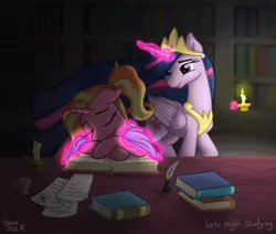 Size: 1778x1507 | Tagged: safe, artist:serenepony, deleted from derpibooru, derpibooru import, luster dawn, princess twilight 2.0, twilight sparkle, twilight sparkle (alicorn), alicorn, pony, unicorn, the last problem, blanket, book, bookshelf, candle, crown, cup, cute, desk, digital art, evening, female, ink, inkwell, jewelry, library, lusterbetes, magic, mama twilight, mare, momlight sparkle, motherly, parchment, quill, regalia, sleeping, smiling, table