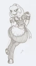 Size: 666x1203 | Tagged: safe, artist:ravenpuff, deleted from derpibooru, derpibooru import, oc, oc:pristine polish, anthro, earth pony, unguligrade anthro, clothes, female, maid, mare, monochrome, solo, traditional art