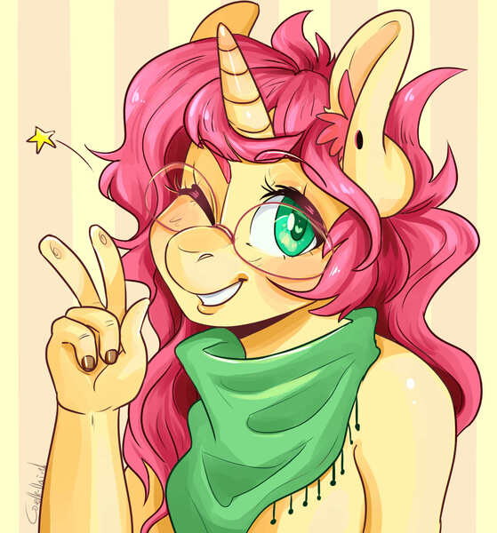 Size: 2218x2380 | Tagged: suggestive, artist:corelle-vairel, derpibooru import, oc, anthro, unicorn, female, glasses, mare, one eye closed, solo, solo female, wink