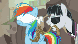 Size: 640x360 | Tagged: safe, derpibooru import, screencap, biff, daring do, doctor caballeron, pinkie pie, rainbow dash, rogue (character), withers, earth pony, pegasus, pony, daring done?, animated, attempted murder, beard, blindfold, bondage, evil planning in progress, facial hair, female, gif, gritted teeth, henchmen, kidnapped, lackeys, male, mare, multicolored mane, predicament, rainbond dash, screaming, slime, somnambula (location), stallion, struggling, sweat, temple, tied up, trap (device), volumetric mouth, you know for kids