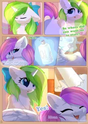 Size: 800x1132 | Tagged: safe, artist:alphadesu, derpibooru import, oc, oc:minty root, oc:snow kicker, unofficial characters only, pegasus, pony, unicorn, comic:sisterly love, amputee, bow, chest fluff, comic, dock, ear fluff, eyes closed, female, floppy ears, hair bow, hooves, horn, levitation, lying down, magic, mare, massage, massage oil, moaning, open mouth, sitting, smiling, telekinesis, wings