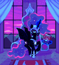 Size: 910x1000 | Tagged: animated, artist:hikkage, blue changeling, book, changeling, changeling queen, changeling queen oc, derpibooru import, disguise, disguised changeling, female, nightmare moon, oc, oc:queen lahmia, pixel art, safe, shapeshifting, throne, throne room, transformation