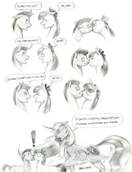 Size: 1100x1426 | Tagged: safe, artist:baron engel, derpibooru import, apple bloom, princess luna, oc, oc:stone mane (baron engel), alicorn, earth pony, pony, bow, colt, female, filly, hair bow, image, jpeg, kissing, male, mare, monochrome, pencil drawing, traditional art