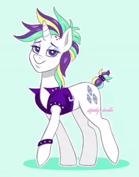 Size: 845x1078 | Tagged: safe, artist:pinkyydoodles, derpibooru import, rarity, pony, unicorn, alternate hairstyle, blue background, eyeshadow, female, lidded eyes, looking at you, makeup, mare, punk, raripunk, signature, simple background, smiling, solo