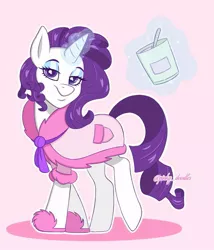 Size: 899x1052 | Tagged: safe, artist:pinkyydoodles, derpibooru import, rarity, unicorn, bathrobe, clothes, female, food, glowing horn, horn, ice cream, lidded eyes, looking at you, magic, mare, pink background, robe, signature, simple background, slippers, smiling, solo, telekinesis