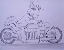 Size: 900x703 | Tagged: safe, artist:drcool13, derpibooru import, powder rouge, earth pony, pony, female, lidded eyes, mare, monochrome, motorcycle, solo, traditional art
