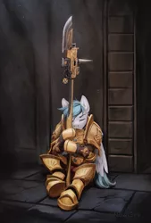 Size: 2000x2960 | Tagged: safe, artist:inowiseei, derpibooru import, oc, oc:lonepegasus, unofficial characters only, pegasus, pony, adeptus custodes, armor, commission, crossover, eyes closed, guard, guardian spear, high res, male, power armor, sleeping, solo, warhammer (game), warhammer 40k, weapon