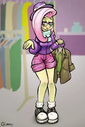 Size: 640x960 | Tagged: alternate hairstyle, anthro, artist:glomasy, boutique, clothes, converse, derpibooru import, fake it 'til you make it, female, fluttershy, glasses, hat, hipster, hipstershy, pegasus, plantigrade anthro, safe, shoes, solo