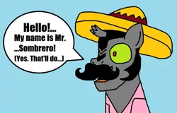 Size: 947x605 | Tagged: artist:logan jones, broken horn, clothes, derpibooru import, disguise, fake moustache, horn, king sombra, king sombrero, light blue background, male, marge vs the monorail, paper-thin disguise, safe, shirt, simple background, sombrero, the simpsons