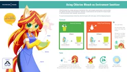 Size: 2560x1440 | Tagged: safe, artist:howxu, derpibooru import, sunset shimmer, anthro, apron, bleach, chlorine, clothes, coronavirus, covid-19, cutie mark, face mask, female, gloves, instructions, rubber gloves, solo, speech bubble