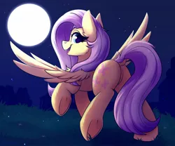 Size: 1500x1250 | Tagged: safe, artist:shadowreindeer, derpibooru import, fluttershy, pegasus, pony, adorasexy, butt, cute, dock, featureless crotch, female, flutterbutt, frog (hoof), grass, looking back, mare, moon, night, plot, raised tail, sexy, shyabetes, smiling, solo, spread wings, stars, tail, underhoof, wings