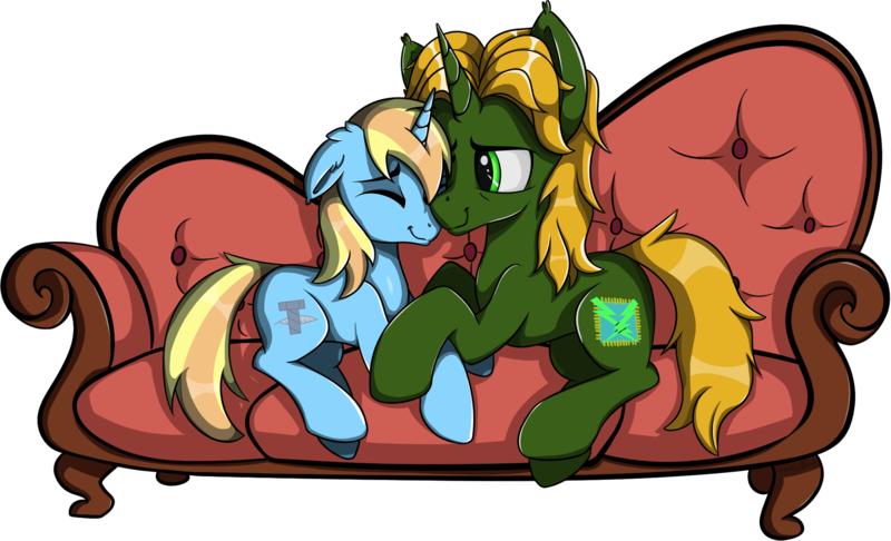 Size: 2094x1271 | Tagged: safe, artist:shadow blaze, derpibooru import, oc, oc:dravakiirm, oc:skydreams, unofficial characters only, pony, unicorn, couch, female, male, mare, simple background, snuggling, stallion, transparent background
