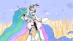 Size: 954x533 | Tagged: artist needed, source needed, safe, derpibooru import, princess celestia, oc, oc:light knight, pony, armor, horse riding a horse, knight, lightestia, ponies riding ponies, princess celestia is a horse, riding, sword, weapon