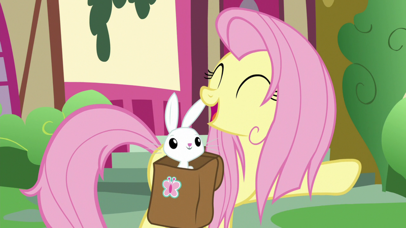 Size: 1920x1080 | Tagged: safe, derpibooru import, screencap, angel bunny, fluttershy, pony, rabbit, she talks to angel, animal, bag, duo, eyes closed, female, male, mare, messy mane, open mouth, raised hoof, saddle bag