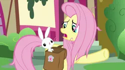 Size: 1920x1080 | Tagged: safe, derpibooru import, screencap, angel bunny, fluttershy, pony, rabbit, she talks to angel, animal, bag, duo, female, male, mare, messy mane, open mouth, raised hoof, saddle bag