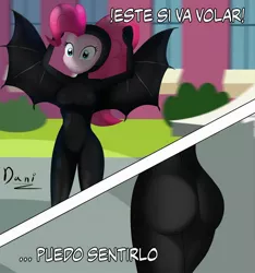 Size: 1024x1093 | Tagged: suggestive, artist:danielitamlp, derpibooru import, pinkie pie, equestria girls, balloonbutt, bat wings, batsuit, breasts, busty pinkie pie, butt, catsuit, skinsuit, spanish, spongebob reference, spongebob squarepants, the ass was fat, the sponge who could fly, tight clothing, translated in the description, wings