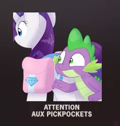 Size: 1580x1657 | Tagged: safe, derpibooru import, rarity, spike, dragon, pony, unicorn, bag, diamond, faic, female, french, frown, male, pickpocketing, saddle bag, stealing, text, this will not end well