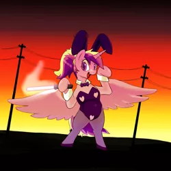 Size: 1000x1000 | Tagged: alicorn, artist:kushina13, bunny suit, clothes, cuffs, cuffs (clothes), derpibooru import, electric pole, fishnets, hoof hold, princess cadance, semi-anthro, suggestive