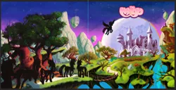 Size: 1318x673 | Tagged: safe, artist:docwario, derpibooru import, applejack, fluttershy, pinkie pie, rainbow dash, rarity, twilight sparkle, earth pony, pegasus, unicorn, friendship is magic, album, album cover, bridge, castle, castle of the royal pony sisters, full moon, mane six, moon, rope bridge, tree, unicorn twilight