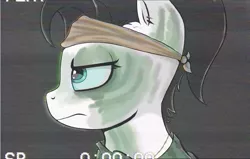 Size: 1060x675 | Tagged: angry, artist:waffletheheadmare, bandage, bandana, black hair, blue eyes, bust, clothes, derpibooru import, ear piercing, eyelashes, face paint, female, hair tie, jewelry, mare, necklace, oc, oc:wafflehead, piercing, portrait, safe, shirt, simple background, soldier, unofficial characters only, vhs, vietnam war, white coat