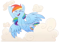 Size: 800x569 | Tagged: artist:vampireselene13, cloud, derpibooru import, eyes closed, flying, pegasus, rainbow dash, safe, simple background, smiling, solo, spread wings, transparent background, watermark, wings