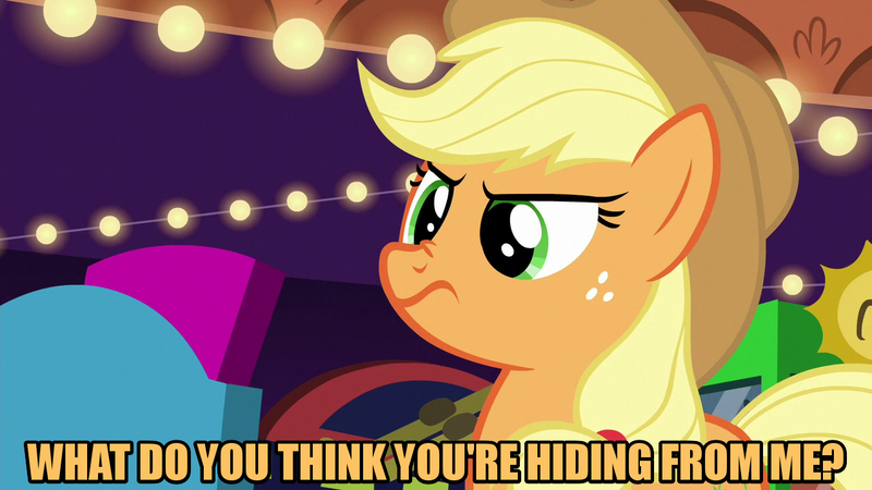 Size: 1280x720 | Tagged: safe, derpibooru import, edit, edited screencap, editor:jaredking203, screencap, applejack, earth pony, pony, viva las pegasus, caption, female, freckles, image macro, mare, meme, question, text