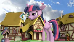 Size: 1280x720 | Tagged: safe, artist:jeroen01, derpibooru import, pinkie pie, princess celestia, twilight sparkle, twilight sparkle (alicorn), alicorn, earth pony, pony, 3d, attack on twi-tan, boop, building, cloud, cutie mark, female, floppy ears, giant pony, house, macro, mare, ponyville, scrunchy face, size difference, sky, source filmmaker, town, unamused, well