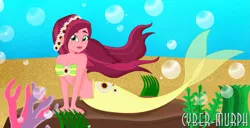 Size: 3093x1584 | Tagged: safe, artist:cyber-murph, derpibooru import, gloriosa daisy, mermaid, equestria girls, body freckles, coral, flower, flower in hair, flowing hair, freckles, mermaidized, pose, rock, seaweed, shell bra, side, signature, species swap, underwater