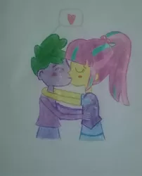 Size: 1276x1582 | Tagged: safe, derpibooru import, sour sweet, spike, human, equestria girls, hug, human spike, humanized, kissing, shipping, sourspike, spike gets all the crystal prep, spike gets all the equestria girls, traditional art