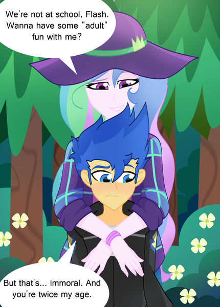 Size: 2340x3264 | Tagged: safe, artist:xan-gelx, derpibooru import, flash sentry, princess celestia, equestria girls, equestria girls series, the road less scheduled, the road less scheduled: celestia, spoiler:eqg series (season 2), age difference, blushing, commission, cougar, female, flash sentry gets all the waifus, flashlestia, male, music festival outfit, principal and student, principal celestia, shipping, straight, teacher and student