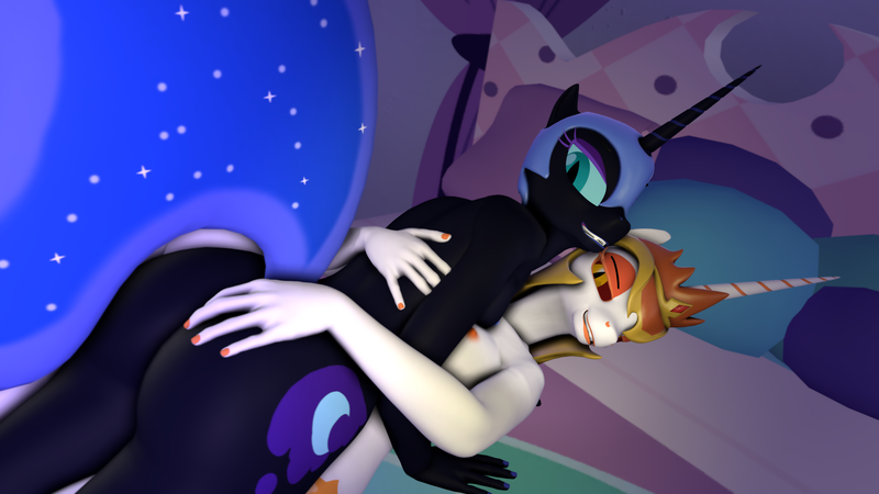 Size: 3840x2160 | Tagged: 3d, alicorn, anthro, artist:verdantro, bedroom eyes, breasts, busty daybreaker, busty nightmare moon, cuddling, daybreaker, derpibooru import, evil princest, female, grope, helmet, incest, lesbian, looking at you, missing accessory, nightmare moon, nipples, nudity, questionable, shipping, siblings, sisters, source filmmaker, wingless, wingless anthro