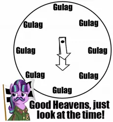 Size: 1080x1176 | Tagged: artist needed, safe, artist:spinoffjoe, derpibooru import, edit, starlight glimmer, ponified, pony, unicorn, the cutie map, clothes, communism, exploitable meme, facial hair, flag, gulag, josef stalin, just look at the time, meme, moustache, parody, s5 starlight, stalin glimmer, stalinstache, uniform