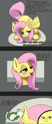 Size: 636x1498 | Tagged: suggestive, artist:whiskeypanda, derpibooru import, fluttershy, oc, oc:anon, pegasus, pony, /mlp/, ass up, bait and switch, bedroom eyes, blushing, comic, denied, disembodied hand, doctor, ear thermometer, female, hand, human fetish, implied anal insertion, implied insertion, implied straight, lewd, lidded eyes, male, mare, open mouth, pouting, simple background, text, thermometer