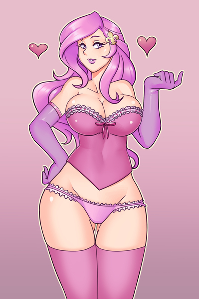 Size: 2000x3000 | Tagged: suggestive, alternate version, artist:nauth, derpibooru import, fleur-de-lis, human, equestria girls, beckoning, big breasts, breasts, bustier, busty fleur-de-lis, cleavage, clothes, evening gloves, floating heart, gloves, heart, humanized, kneesocks, lingerie, long gloves, miss fleur is trying to seduce us, not fluttershy, panties, pink panties, pink underwear, sexy, socks, stupid sexy fleur-de-lis, thighs, underass, underwear, wide hips