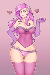 Size: 2000x3000 | Tagged: suggestive, alternate version, artist:nauth, derpibooru import, fleur-de-lis, human, equestria girls, beckoning, big breasts, breasts, bustier, busty fleur-de-lis, cleavage, clothes, evening gloves, floating heart, gloves, heart, humanized, kneesocks, lingerie, long gloves, miss fleur is trying to seduce us, not fluttershy, panties, pink panties, pink underwear, sexy, socks, stupid sexy fleur-de-lis, thighs, underass, underwear, wide hips