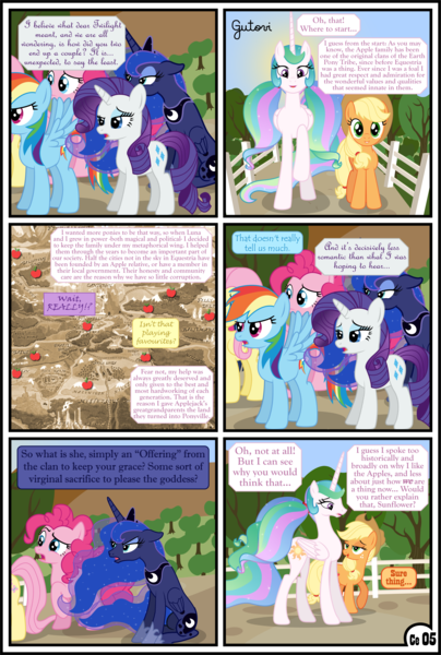 Size: 3255x4838 | Tagged: safe, artist:gutovi, derpibooru import, applejack, fluttershy, pinkie pie, princess celestia, princess luna, rainbow dash, rarity, twilight sparkle, twilight sparkle (alicorn), alicorn, earth pony, pegasus, pony, unicorn, comic:why me!?, alternate ending, alternate hairstyle, applelestia, comic, female, lesbian, mane six, missing accessory, pigtails, shipping, sun, sunrise, sweet apple acres