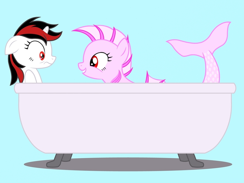 Size: 2048x1536 | Tagged: safe, artist:draymanor57, derpibooru import, oc, oc:blackjack, oc:pisces zodiac, unofficial characters only, pony, sea pony, unicorn, fallout equestria, fallout equestria: project horizons, bathtub, fanfic art, scared, simple background