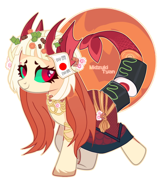 Size: 2165x2414 | Tagged: safe, artist:woofri, derpibooru import, oc, oc:akemi (ide1517), unofficial characters only, fish, pony, sea pony, augmented tail, clothes, colored sclera, dress, ear piercing, earring, food, jewelry, markings, nonbinary, piercing, raised hoof, raised leg, regalia, simple background, skirt, solo, sushi, transparent background, unshorn fetlocks