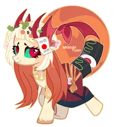 Size: 2165x2414 | Tagged: safe, artist:woofri, derpibooru import, oc, oc:akemi (ide1517), unofficial characters only, fish, pony, sea pony, augmented tail, clothes, colored sclera, dress, ear piercing, earring, food, jewelry, markings, nonbinary, piercing, raised hoof, raised leg, regalia, simple background, skirt, solo, sushi, transparent background, unshorn fetlocks