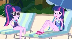 Size: 2808x1528 | Tagged: safe, artist:draymanor57, derpibooru import, sci-twi, twilight sparkle, twilight sparkle (alicorn), alicorn, equestria girls, beach, clothes, duality, feet, one-piece swimsuit, sandals, self ponidox, swimsuit, twolight